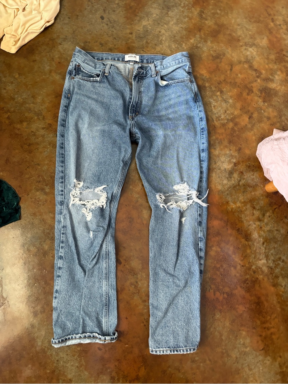 Agolde Light Blue Straight Leg Distressed Jeans